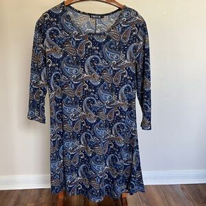 Long Sleeve Paisley Dress in Blue and Brown